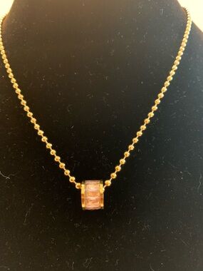 Gold Beaded Necklace with Pink Crystal Cylinder Pendant